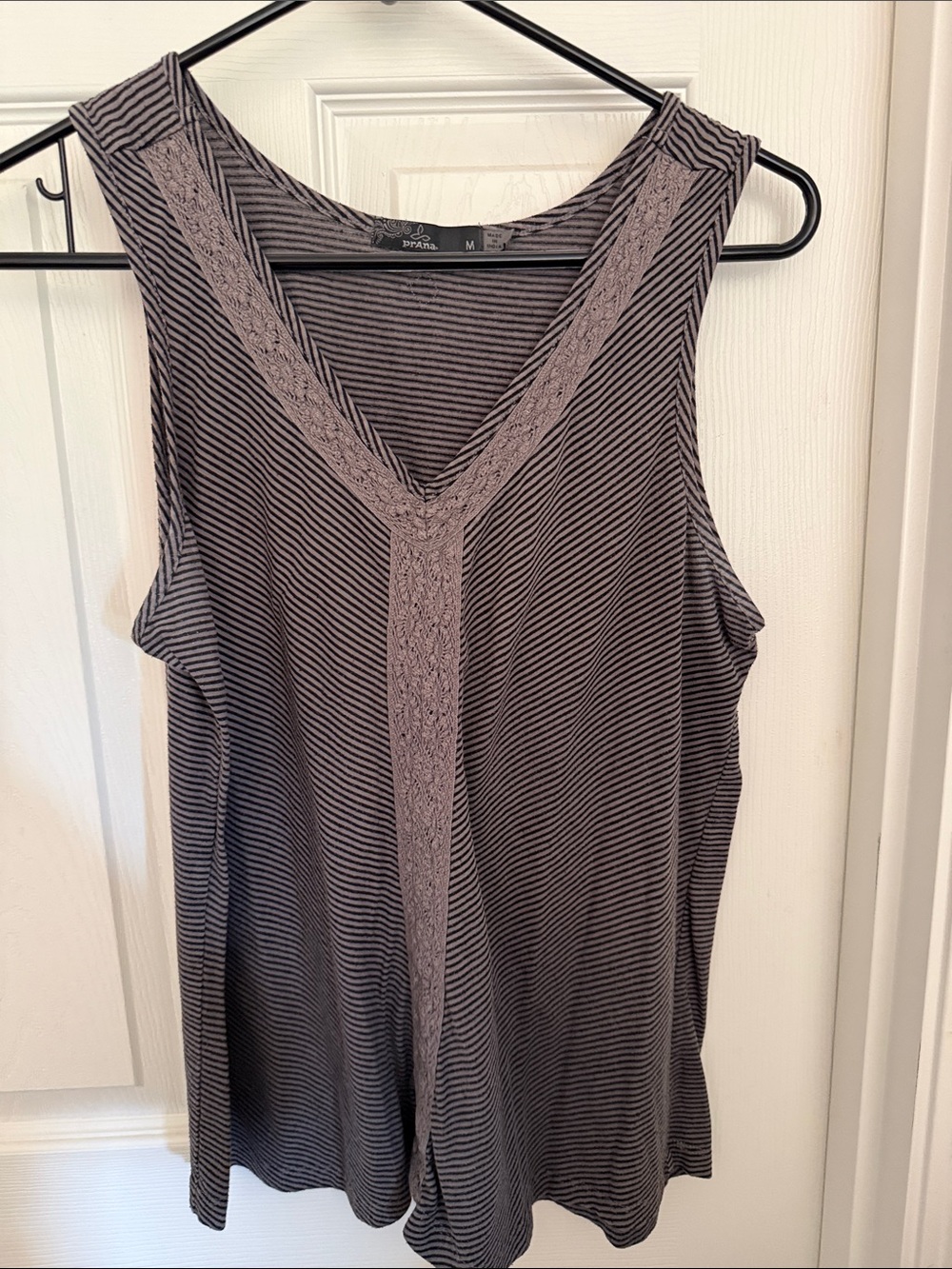 Prana Black and Gray Striped Lace-Trim V-Neck Tank